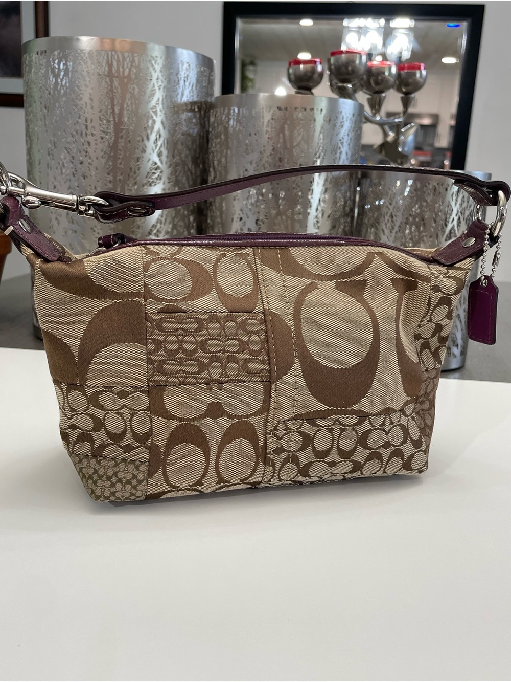 Vintage Coach Patchwork Signature Mini Wristlet in Brown with Plum Trim